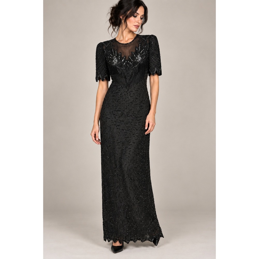 Black Silk Beaded Maxi Dress XS Art Deco Goth Glam Formal Vintage